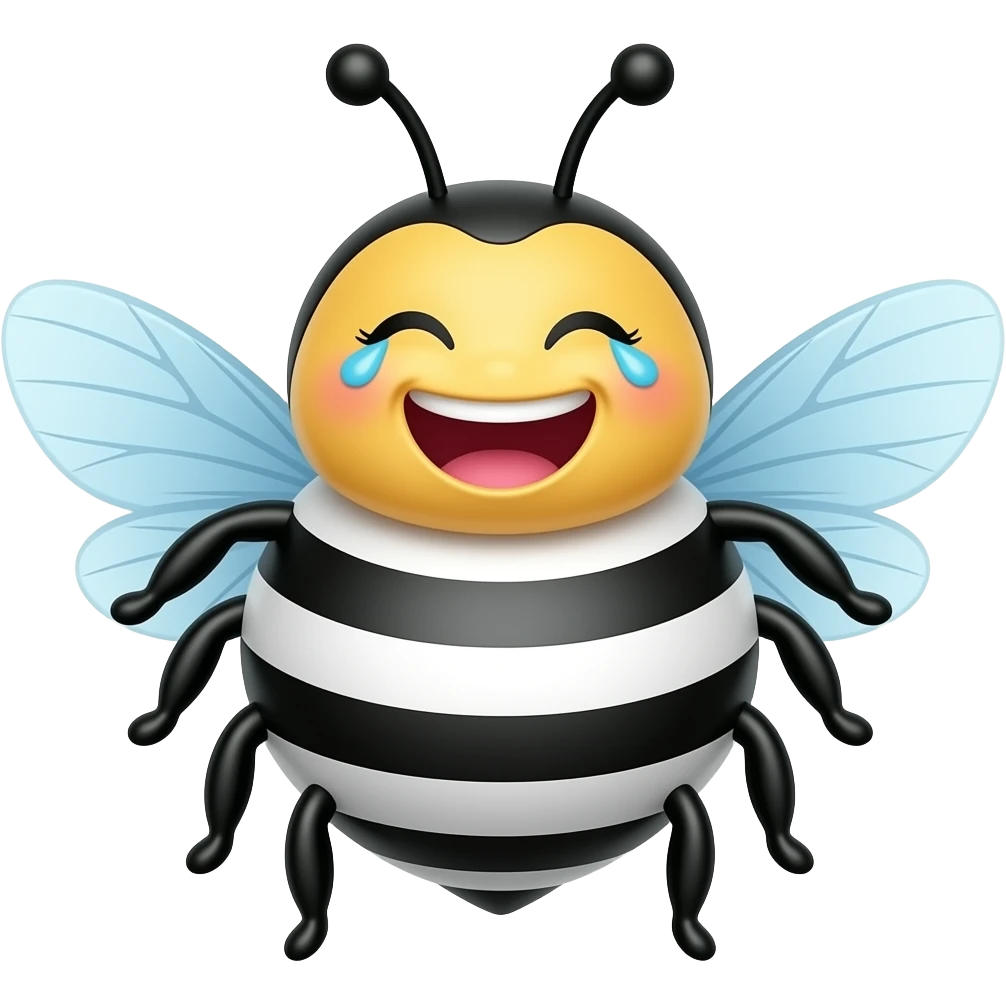 3D cartoon bee emoji, rounded chubby body, black and white stripes, eyes closed laughing, tears of joy, big open smile, light blue transparent wings, black antennae with white round tips, smooth shiny surface, black background emoji