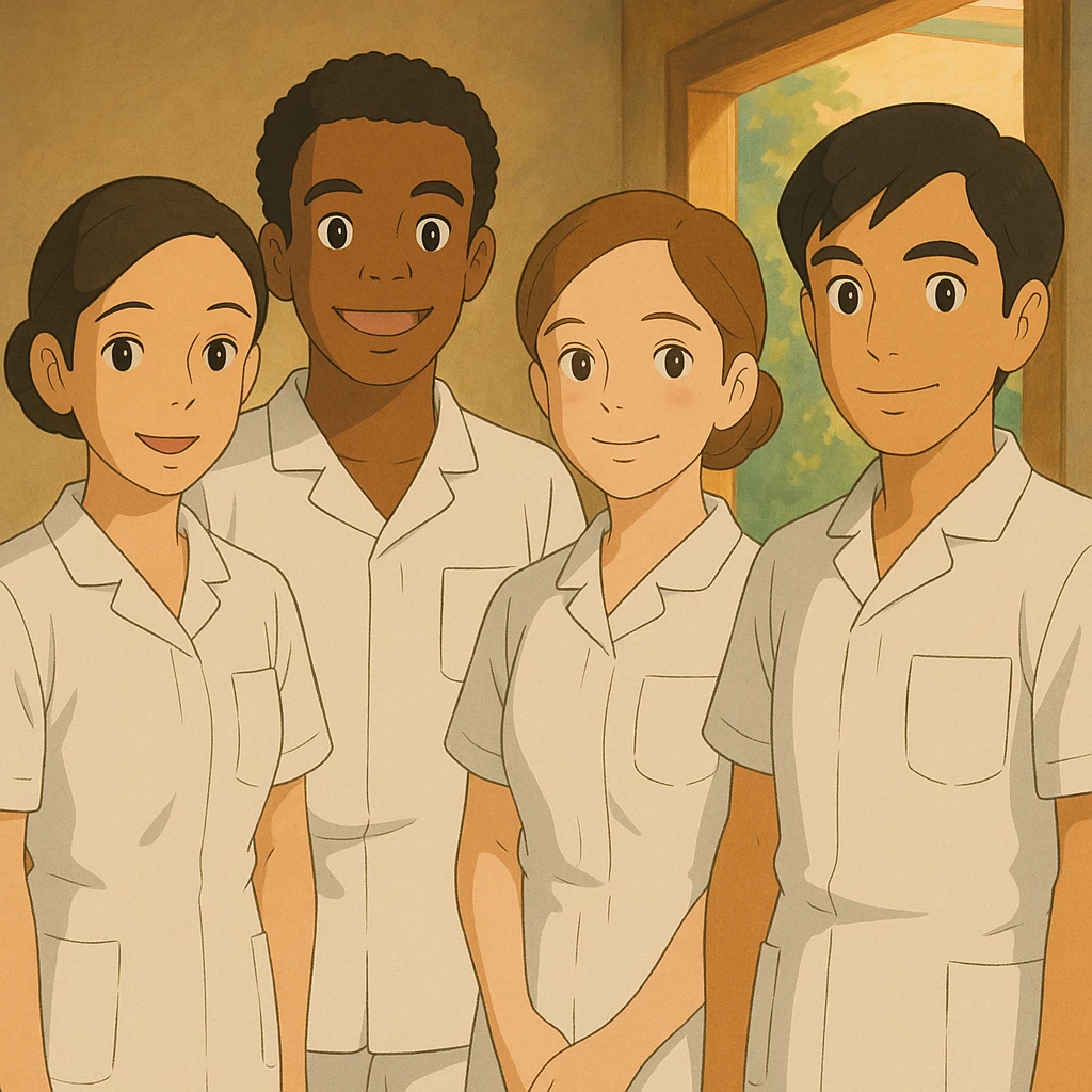 Group of four nursing students, Ghibli style, wearing short-sleeved white uniforms with V-neck collars, left chest pockets, no stand-up collars, no stethoscopes, clean sleeves. Characters inspired by four provided faces. emoji