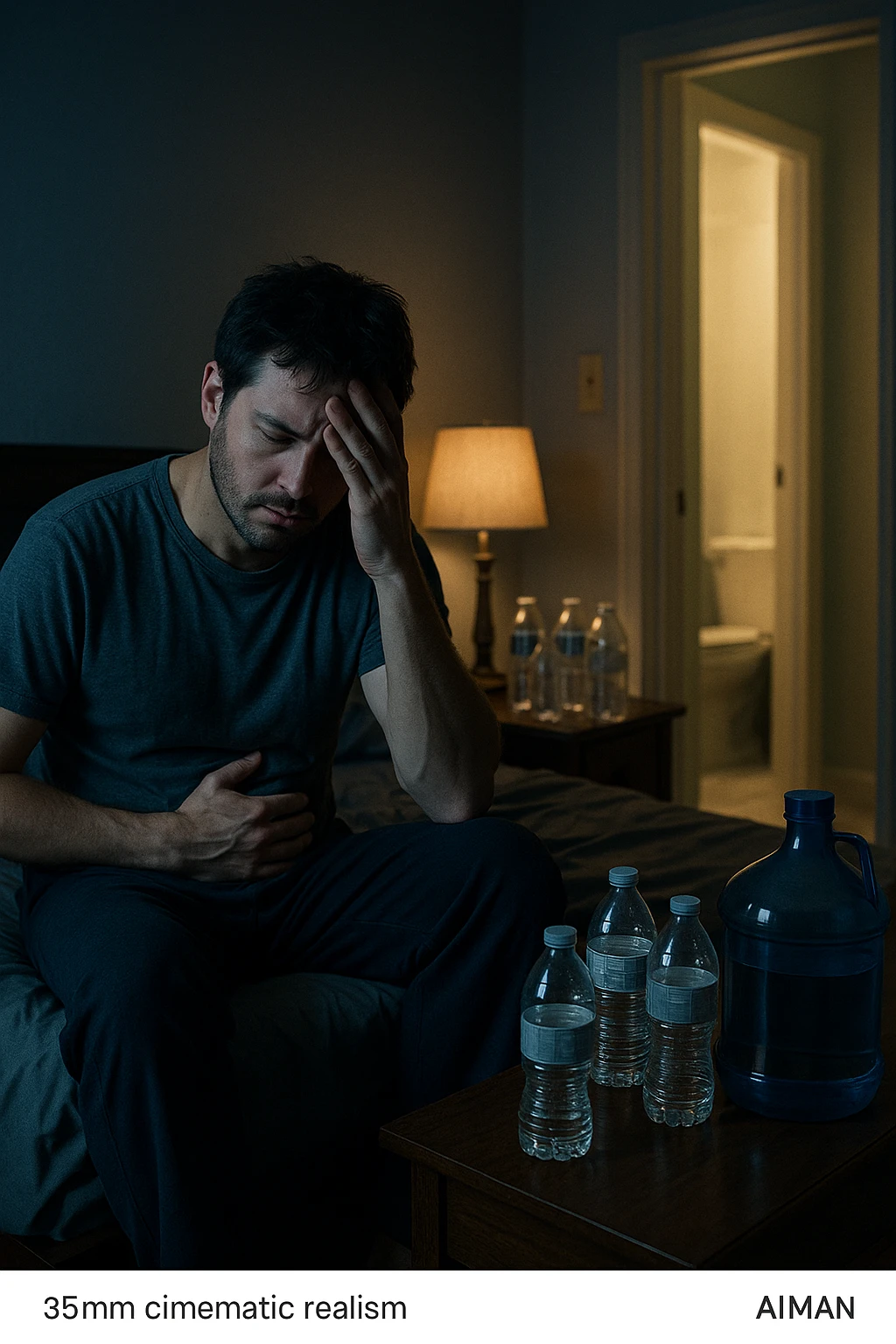 A cinematic scene of a man in his 30s sitting on the edge of his bed at night, clearly tired and frustrated. On his nightstand are several empty water bottles and a large reusable water jug, suggesting excessive hydration. A dim lamp casts soft shadows in the room, and the door to the bathroom is open with light spilling out — symbolizing repeated nightly visits. The man holds his head in one hand, while the other rests on his abdomen, eyes heavy with fatigue. The atmosphere is quiet and introspective. Cool color grading with deep blues and pale yellows enhances the nighttime mood. Style: 35mm cinematic realism, with attention to emotional detail and ambient lighting emoji