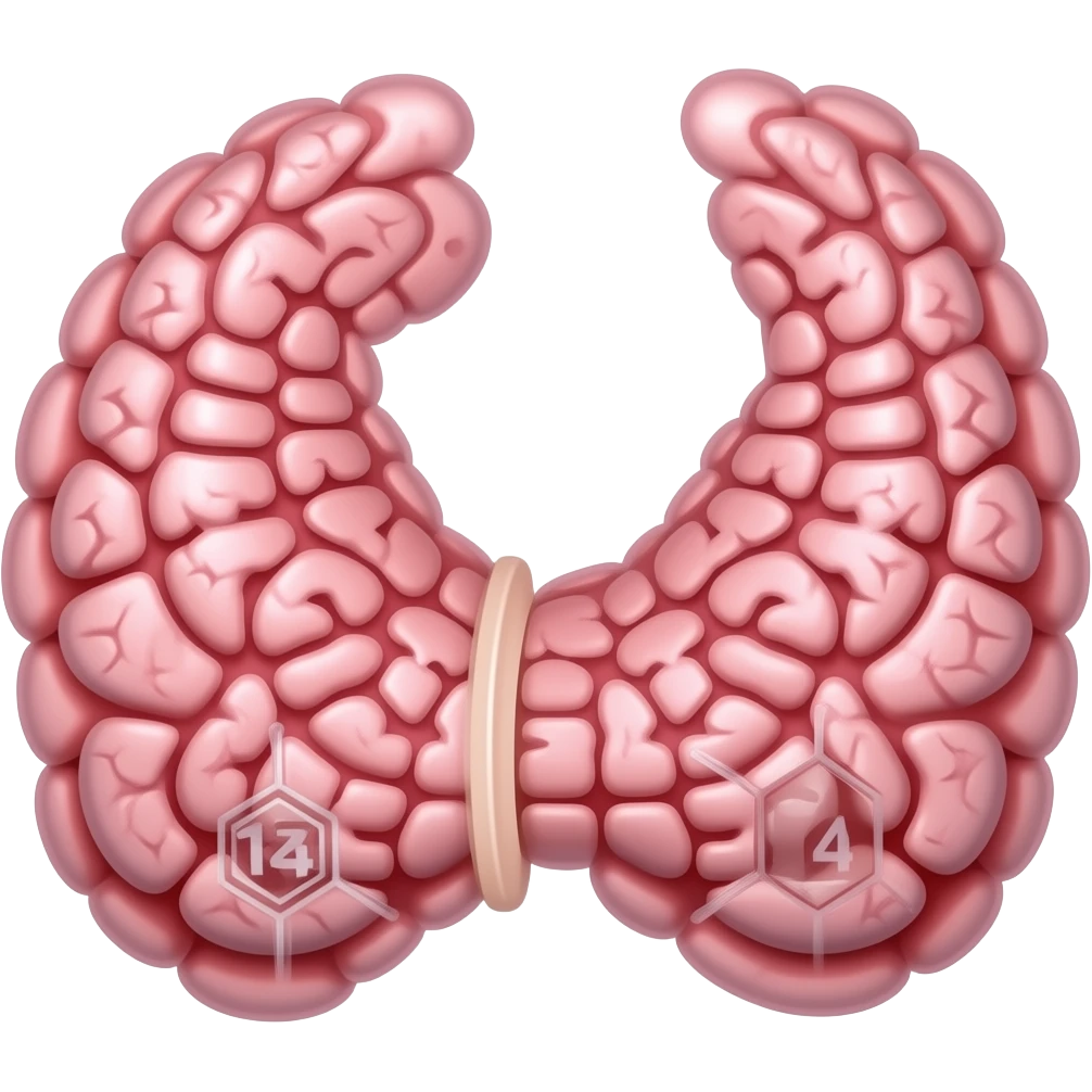 thyroid gland with T3 and T4 in the background as chemical structures emoji