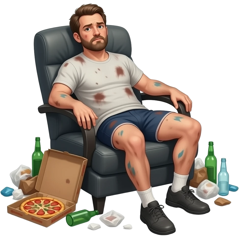 Erstelle ein emoji von einem ungepflegten Mann im schmutzigen Tang-Top und Unterhose, er sitzt faulenzen im Sessel und um ihn herum liegt Müll, wie eine Pizzaschachtel und leere Flaschen emoji