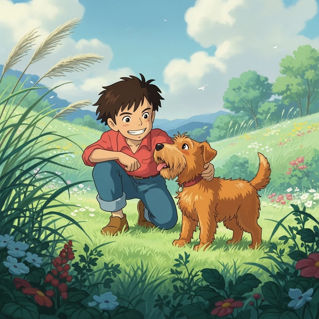 kid and his pet dog in studio ghibili style emoji