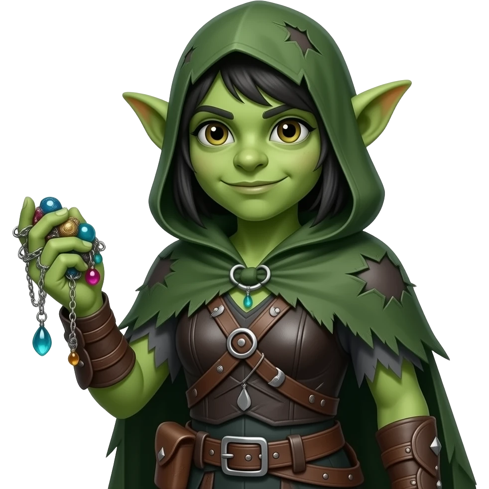 Bust of Kind Green Goblin girl fantasy adventurer with junk trinkets emoji