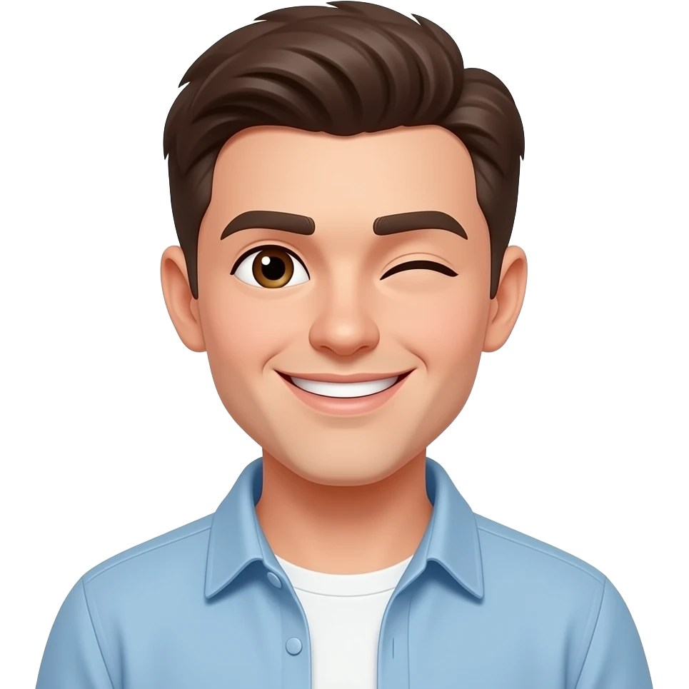 good looking dude no beard or a stubble smile and winking make him look like a 18 to 24 emoji