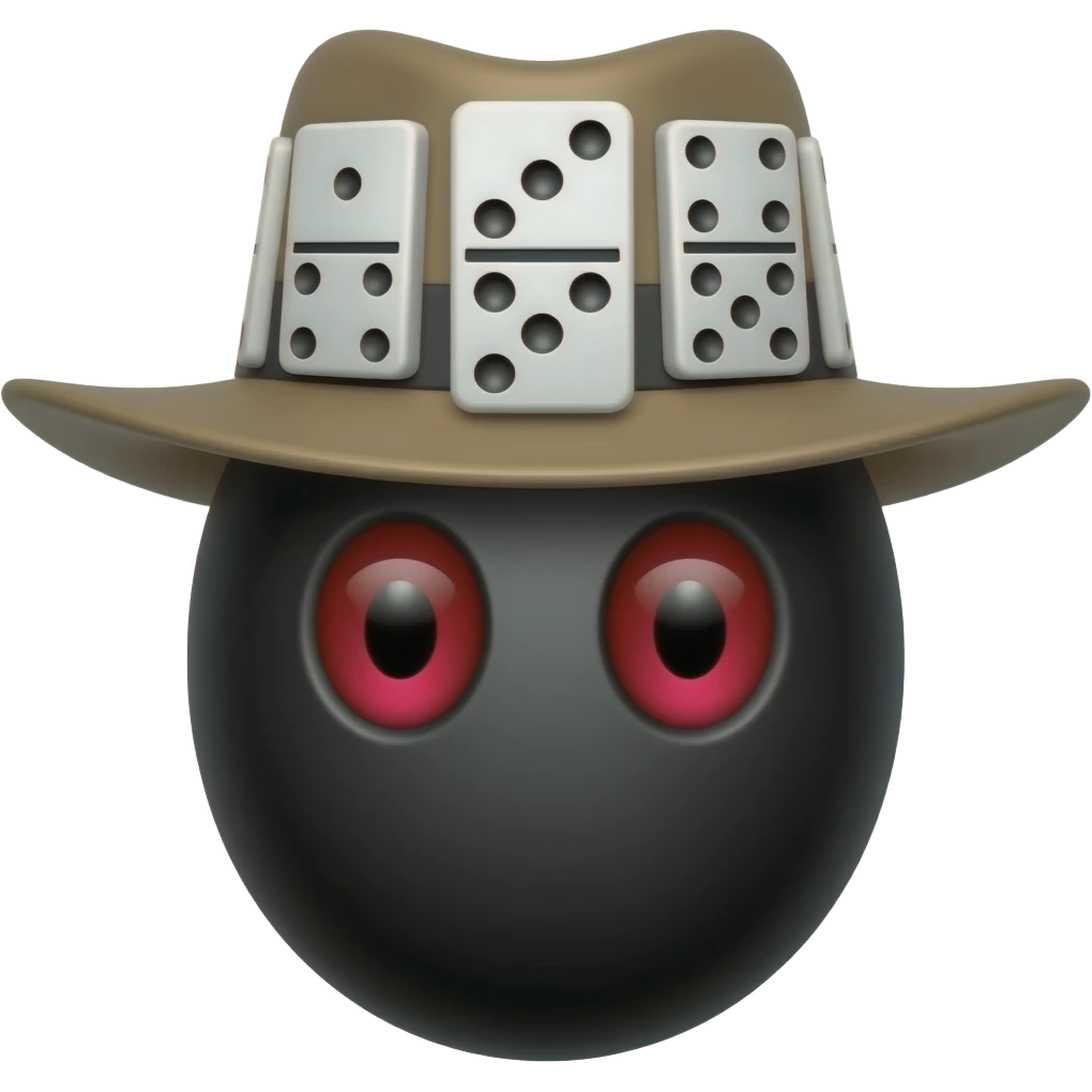 um ovo preto com 2 olhos vermelhos com chapeu com 3 dominos emoji