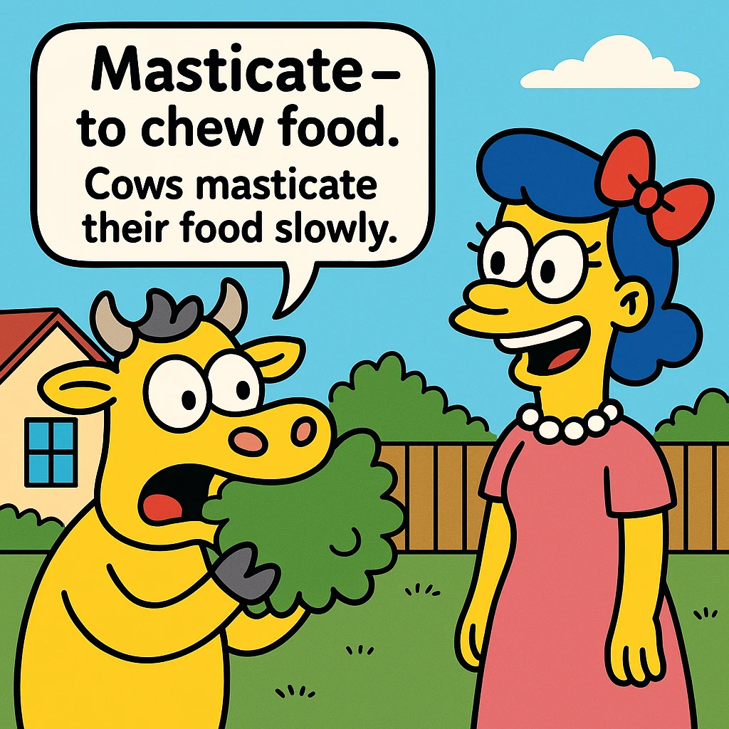 Masticate – to chew food.
Cows masticate their food slowly.
 emoji