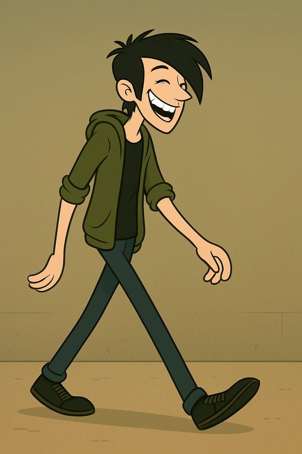 Make the tall, thin man with emo hair look much happier, with a big smile showing lots of teeth, keep the walking pose and style as in the original image. emoji