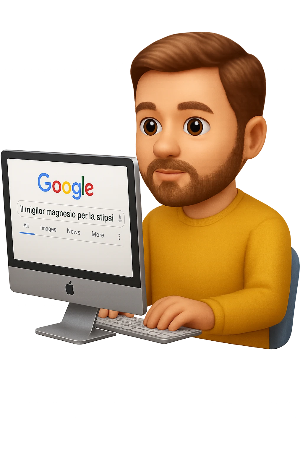 emoji stile iphone di un uomo davanti al pc che cerca di google: "Il miglior magnesio per la stipsi", iperrealistico 4k emoji