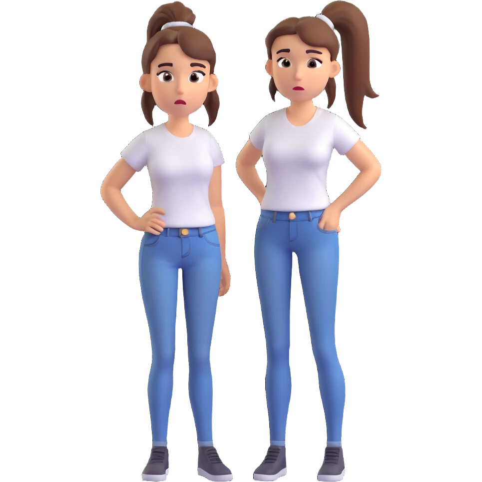 3D cartoon woman with ponytail, white t-shirt, jeans, confused look emoji