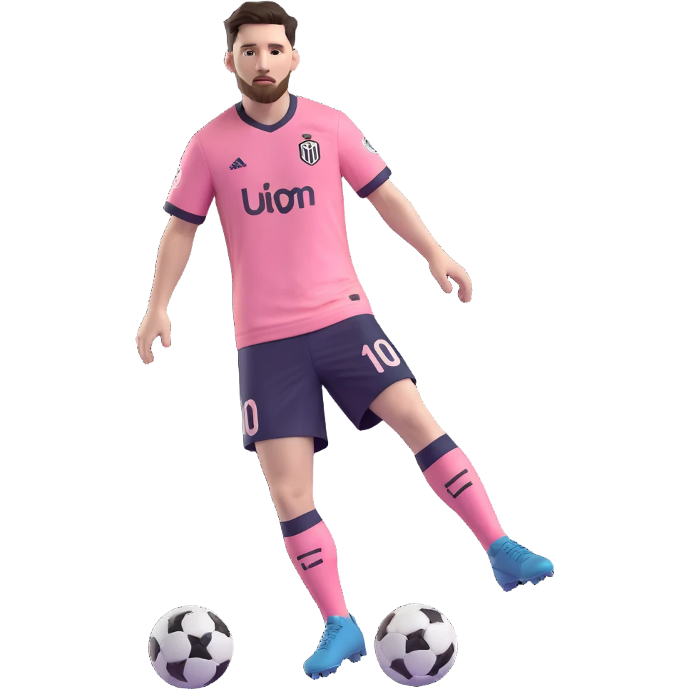 Lionel Messi wearing a pink Inter Miami soccer jersey, full body, dynamic pose, detailed facial features, soccer ball at his feet emoji