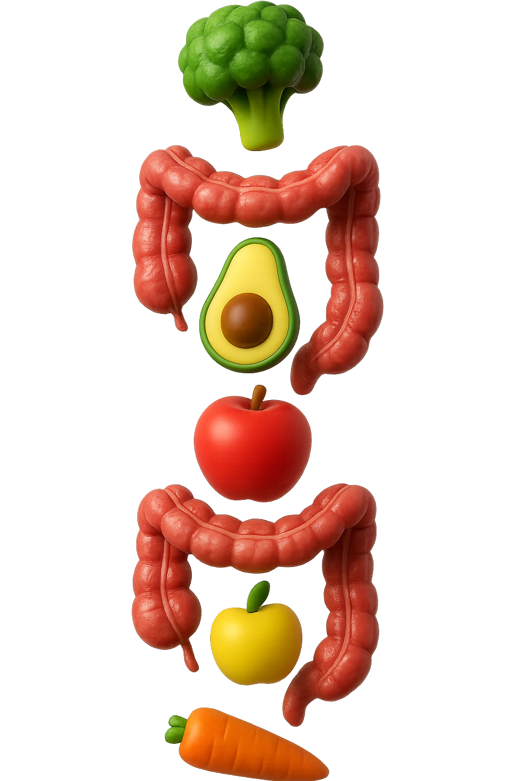 emoji stile iphone in 3d di cibo sano che fluttua in aria vericalmente insieme a pezzi di colon umano anatomico, iperrealistico 4k emoji