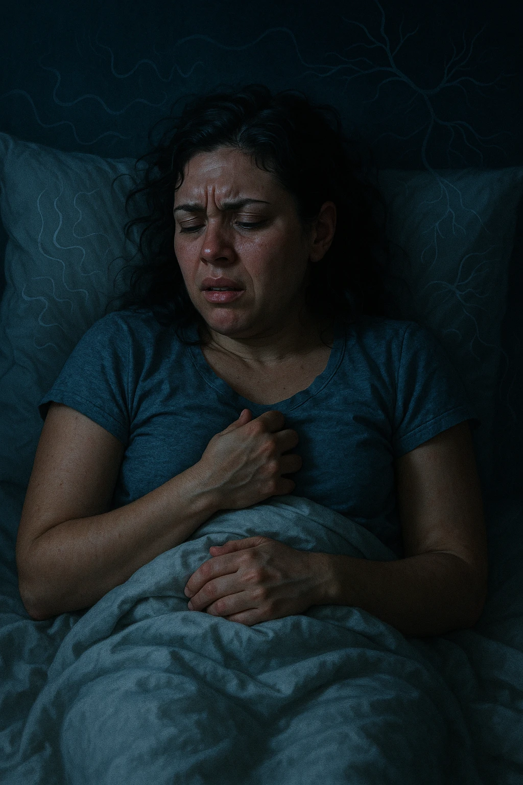 realistic and cinematic vertical illustration of a woman with PCOS in bed, showing sleep disorders and autonomic nervous system imbalance, signs of agitation and discomfort, symbols of nervous system imbalance, nighttime atmosphere, 2:3 aspect ratio, very few writings emoji