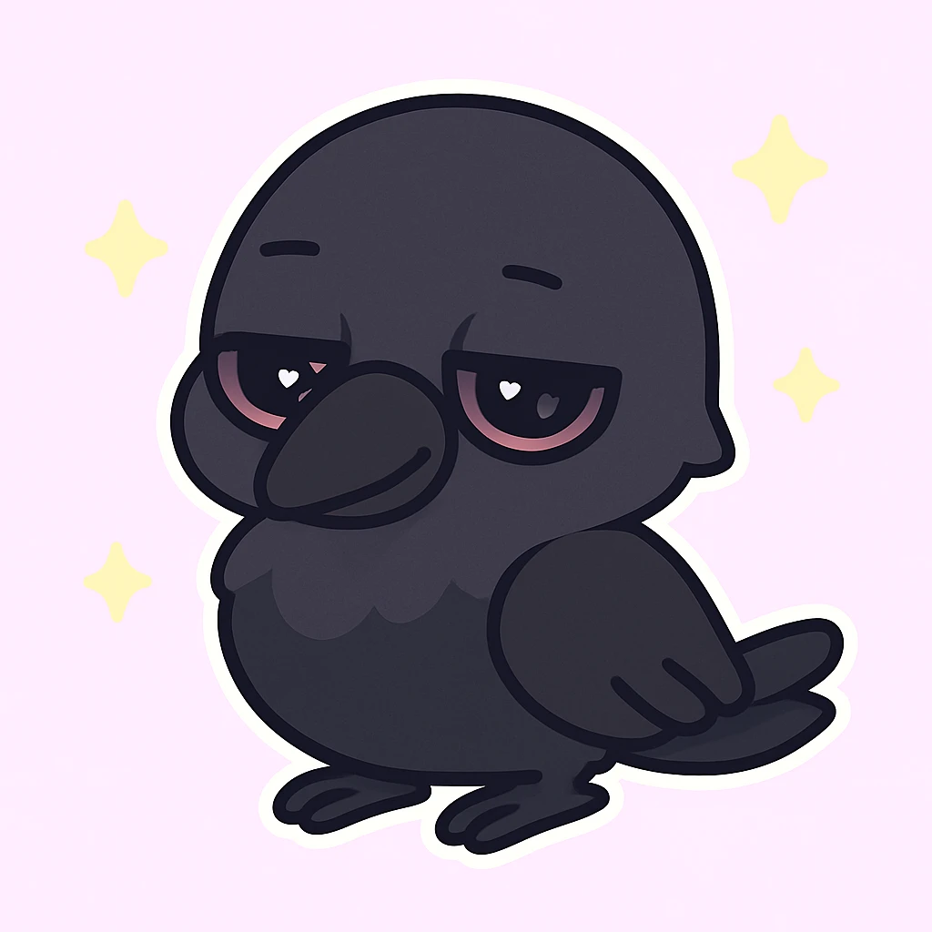 Make the raven a much darker color, nearly black, while keeping it chibi-style and sleepy in chibi stickers style. emoji