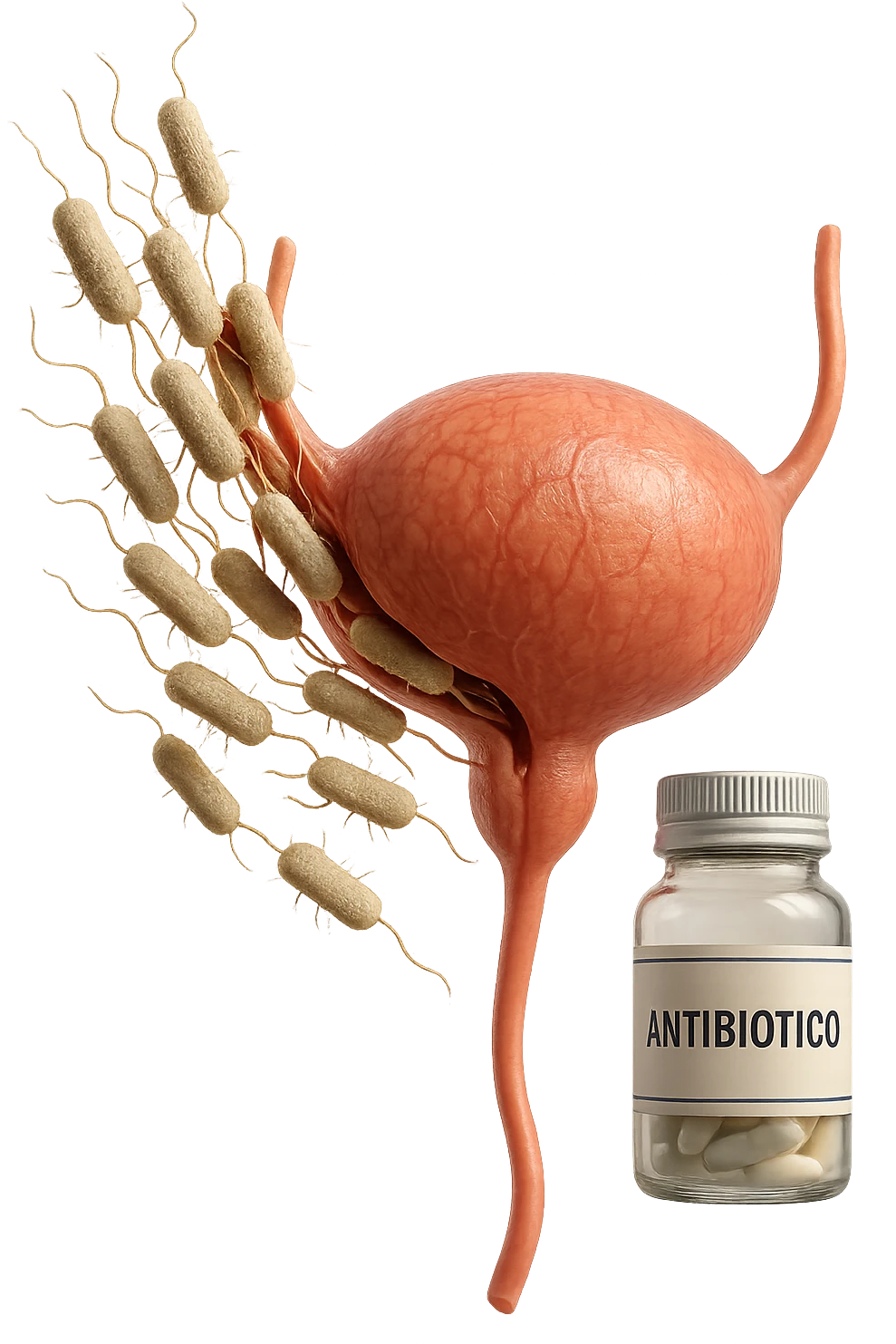 batteri intestinali che migrano ed entrano in una vescica anatomica realistica per infettarla, davanti a lei fluttua una boccetta con la scritta "ANTIBIOTICO", iperrealistico 4k emoji