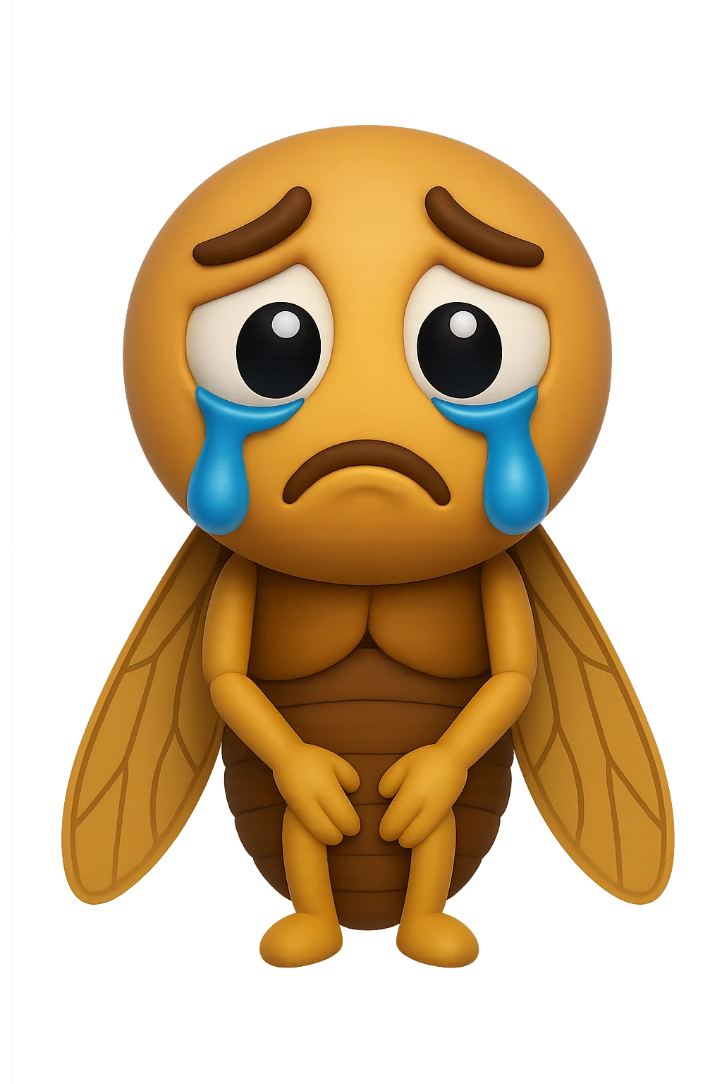 EMOJI STILE IPHONE 3D DI una cicala triste che si tocca le cosce e piange perché non le piace il suo fisico, posa frontale, fagli anche la parte bianca degli, non solo la pupilla emoji