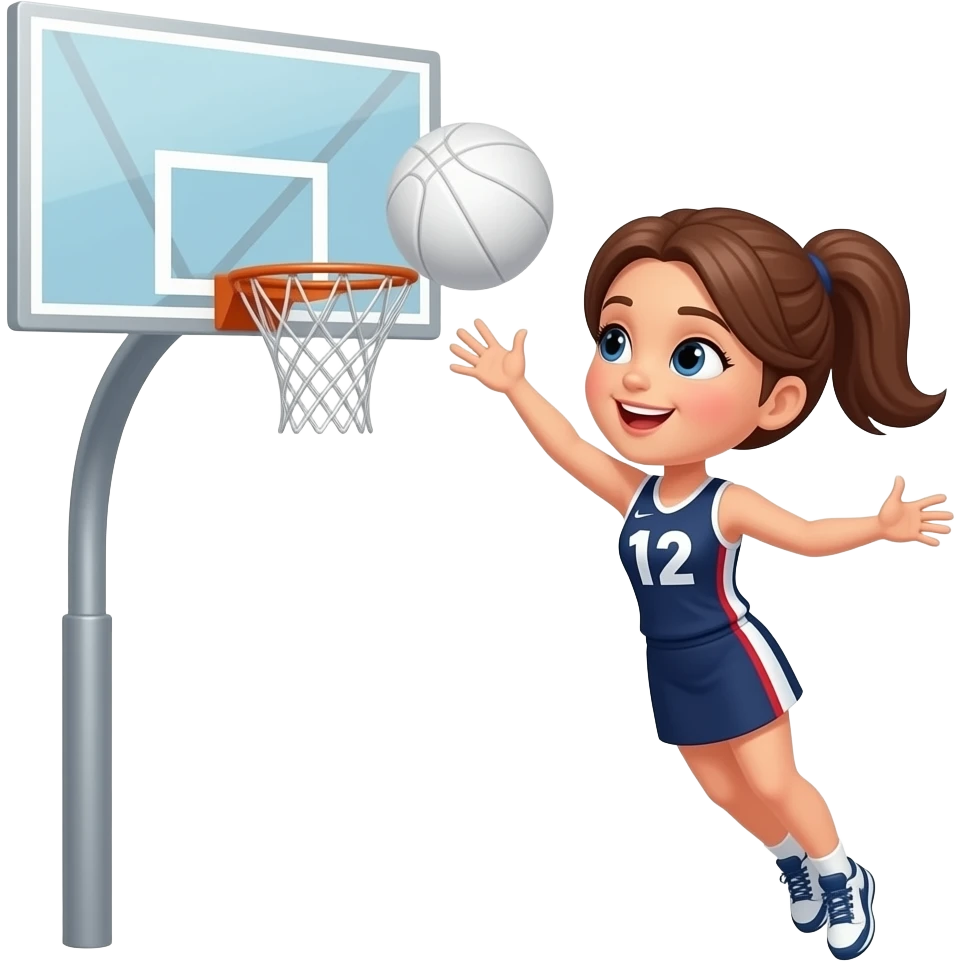 create a girl throwing a ball into a basket ball net but with no back board so just the net. She is wearing a sports vest and skirt. The ball needs to be white, like a netball emoji