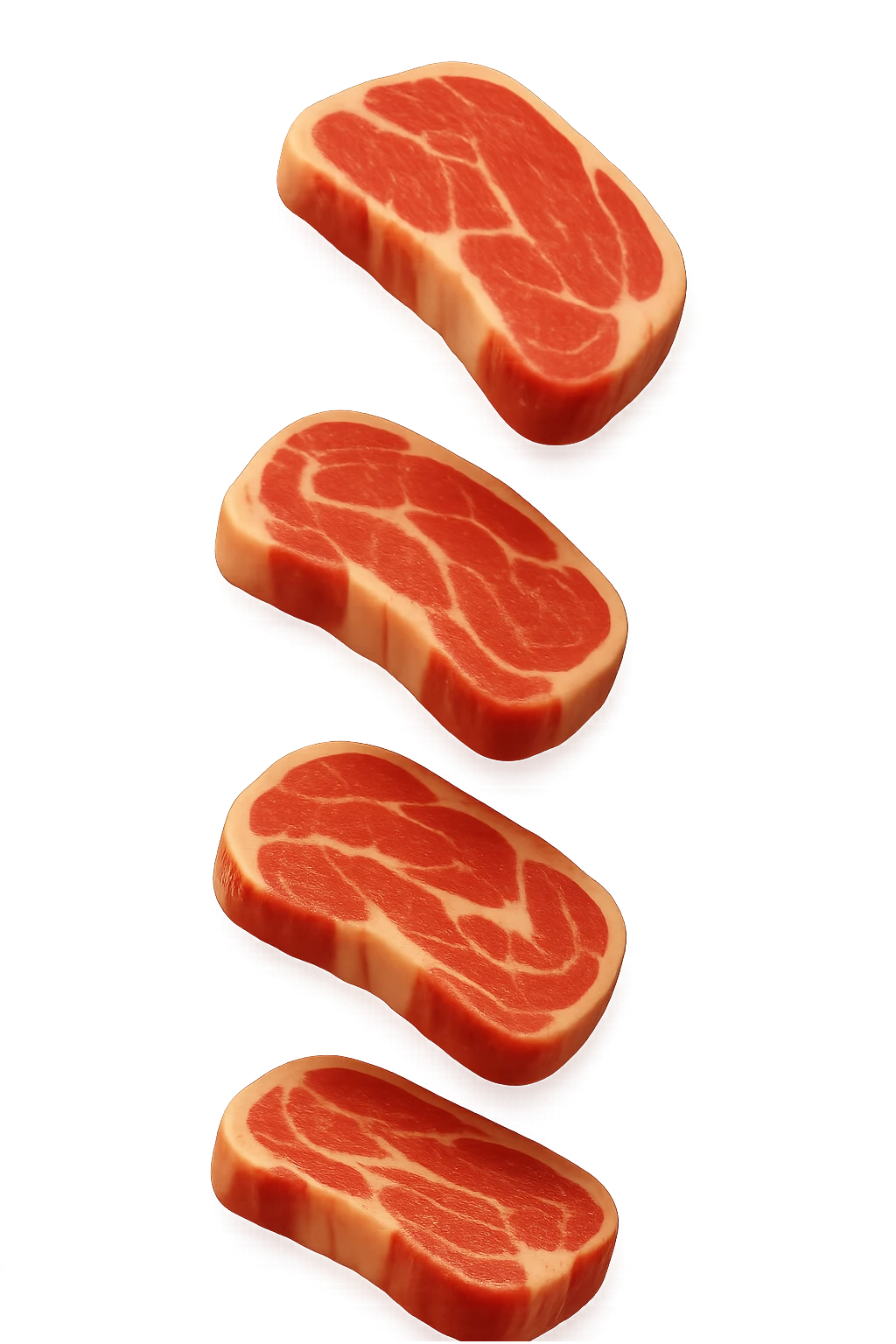 emoji stile iphone in 3d di fette di carne che cadono verticalmente dall'alto, iperrealistico 4k emoji