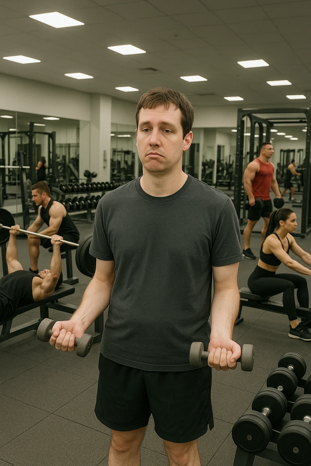 Uomo in palestra moderna, vestito con abbigliamento sportivo, mentre solleva manubri molto leggeri con espressione annoiata o poco coinvolta. Intorno a lui, altri atleti si allenano intensamente. Il suo fisico appare poco sviluppato o non in progresso. Atmosfera statica, senza sudore o fatica visibile, specchi puliti e attrezzi poco usati. Luce artificiale da palestra, ambiente pulito ma scena visivamente 'vuota' di sforzo emoji