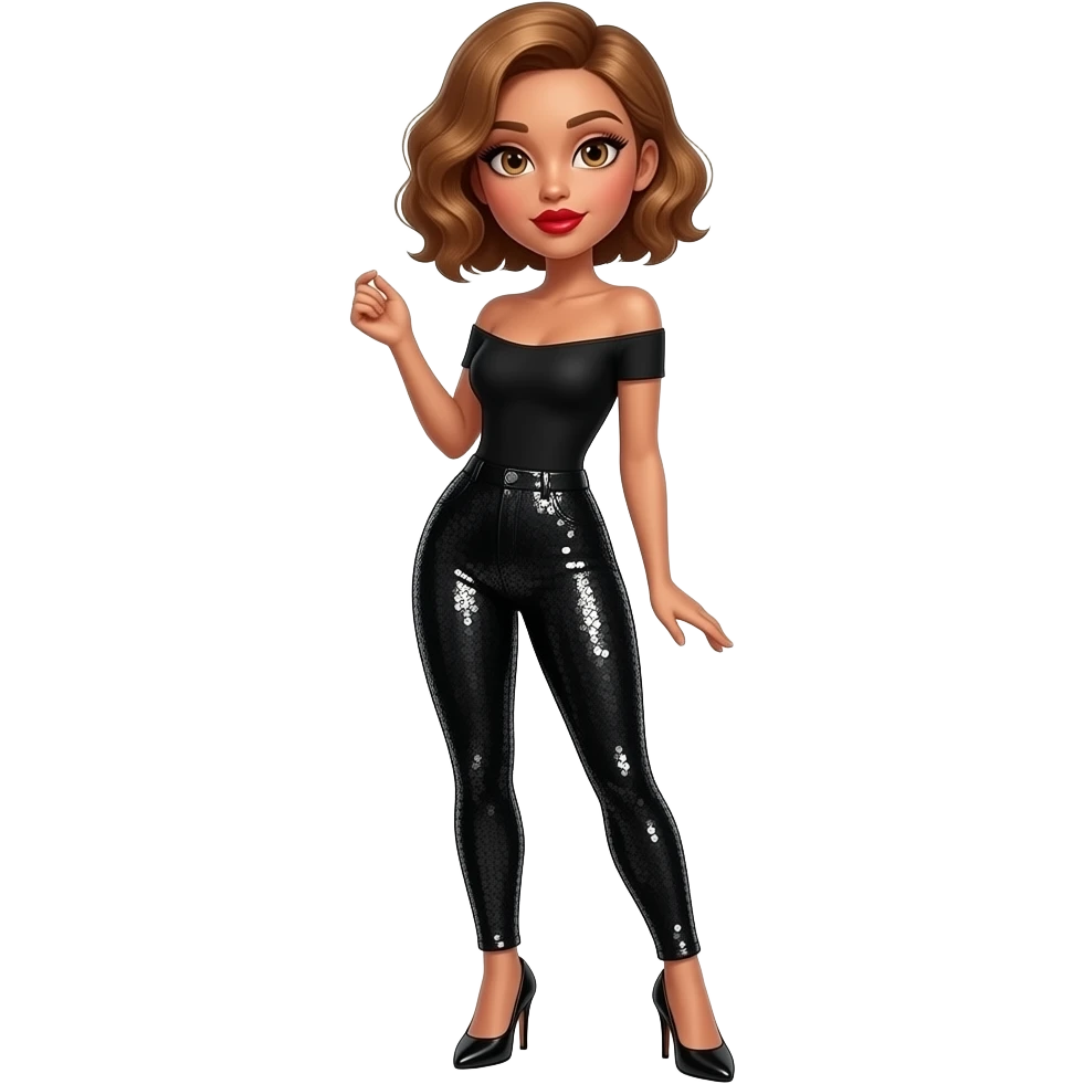 glamours,-tanned,-very-beautiful-woman-with-big-plump-red-lips,-long-long-lashes,-honey-silky-very short- hair,-wavy-hair,-hazel-eyes- wearing-black-bodysuit-and-black-sequinned-pants-black-stilettos-shrugging-full-body emoji