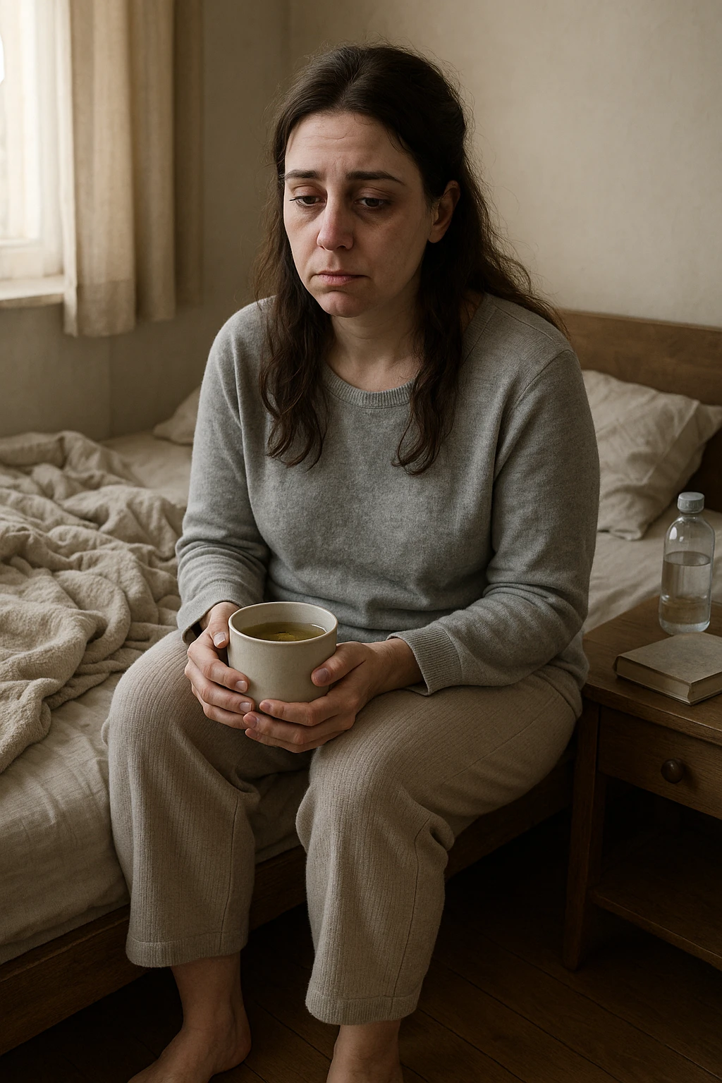 A realistic, cinematic illustration of a woman in her early 30s with a tired, pale appearance, sitting on the edge of her bed in a softly lit bedroom during the morning, looking exhausted and drained. Her posture is slightly slouched, and dark circles are visible under her eyes. She wears comfortable loungewear, holding a warm cup of herbal tea in her hands, seeking comfort. The scene includes a cozy yet slightly messy room with a blanket, a water bottle, and a book on the nightstand, emphasizing chronic fatigue. Soft natural light comes through the window, highlighting her expression of persistent tiredness despite rest, capturing the invisible struggle of chronic fatigue syndrome while maintaining dignity and a gentle aesthetic. emoji