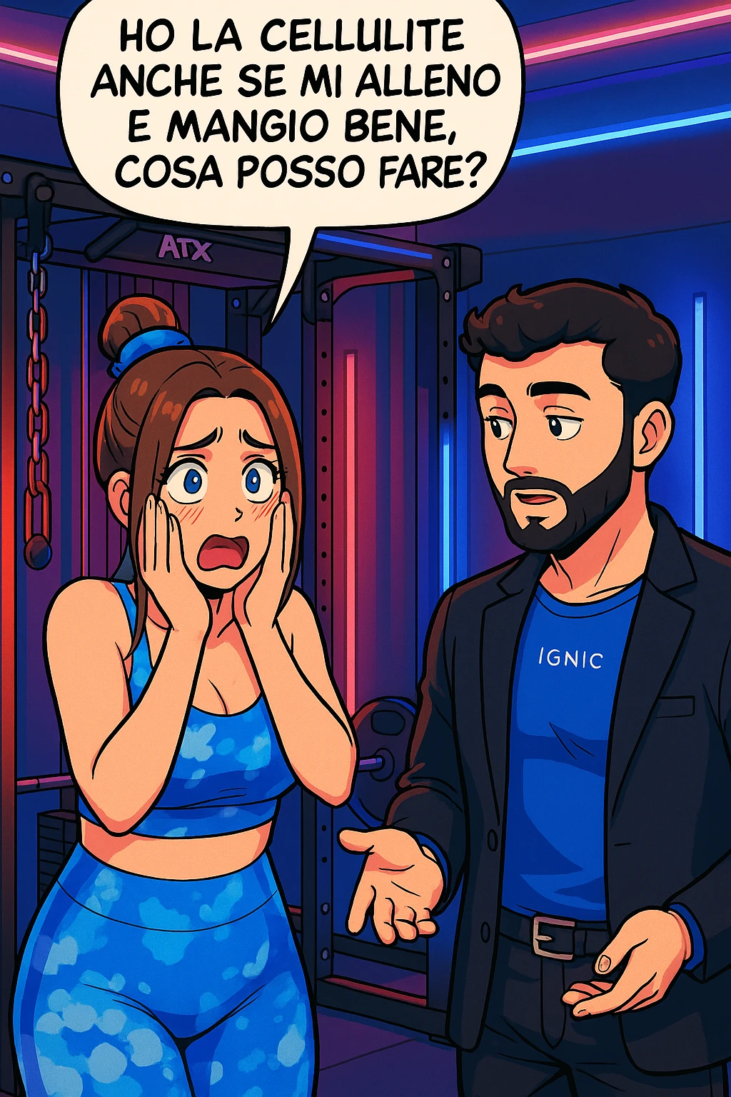 TRASFORMA QUESTO CAROSELLO IN UN FUMETTO STILE WEBTOON/MANGA A COLORI CON QUESTE DUE PERSONE IDENTICHE CHE INTERLOQUISCONO TRA LORO, LA DONNA è DISPERATA CON LE MANI SULLE GUANCE E STA DOMANDANDO TUTTA AGITATA UNA COSA ALL'UOMO:

LEI (DONNA): Ho la cellulite anche se mi alleno e mangio bene, cosa posso fare? emoji