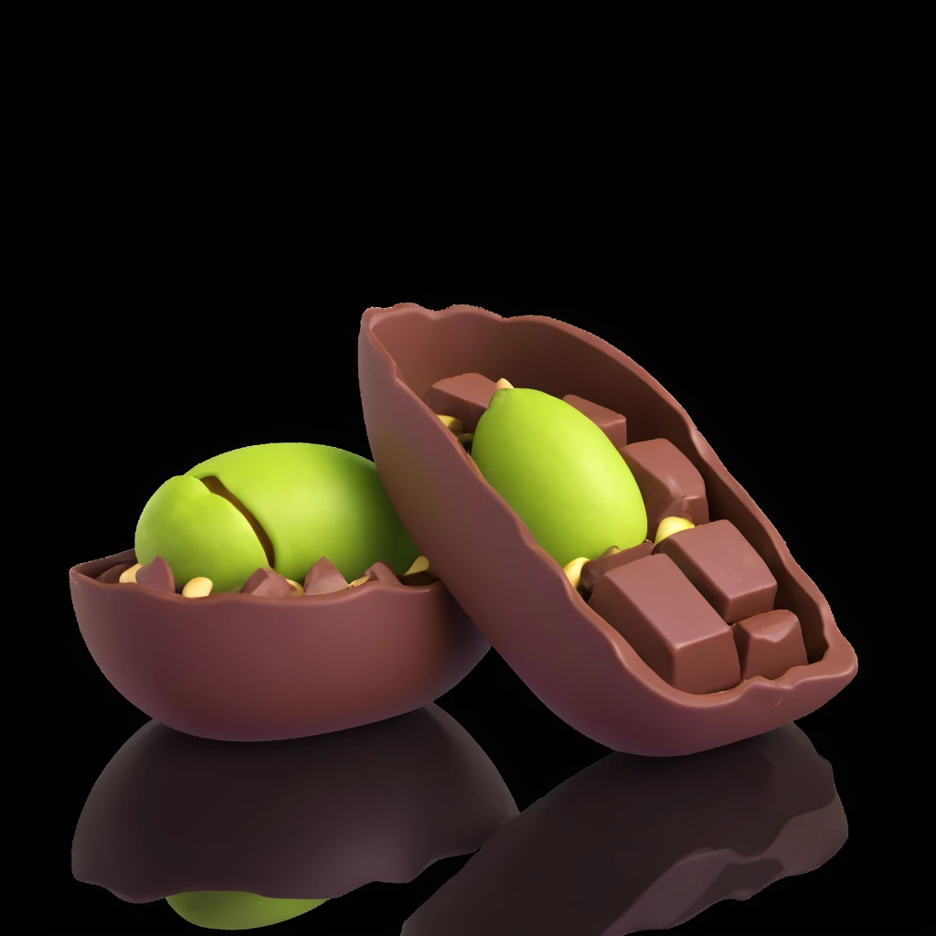 3D render of the Dubai chocolate with a bite missing, exposing a rich green pistachio center, dramatic lighting emoji