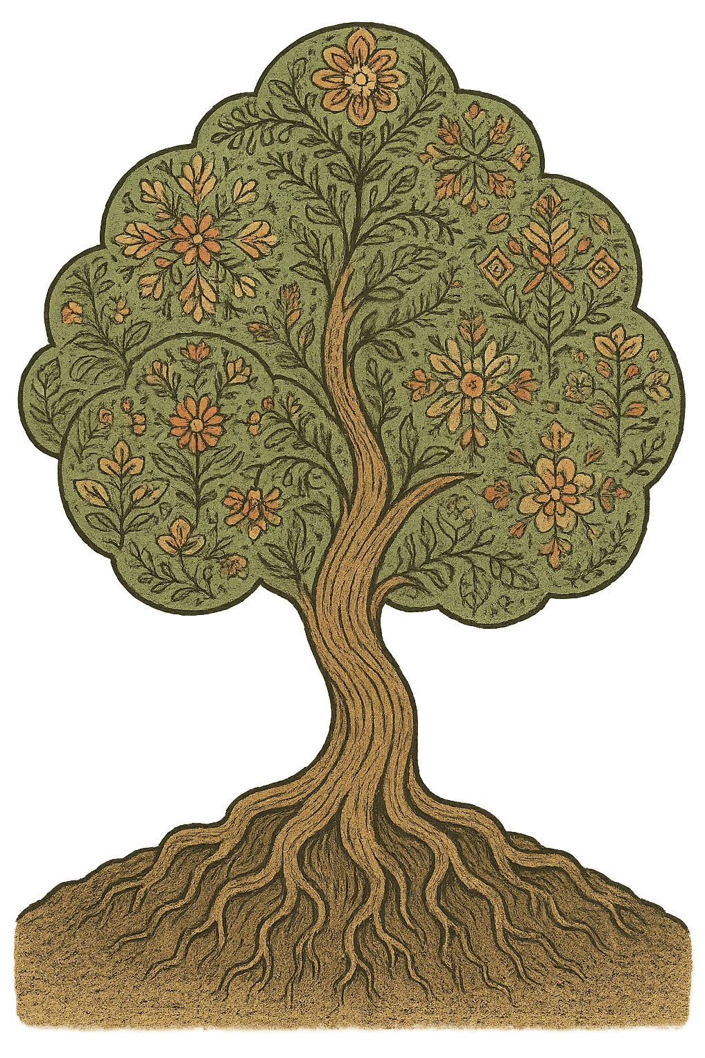 a stylized tree with roots in soil, Scandinavian folk art style, detailed folk patterns, transparent background emoji