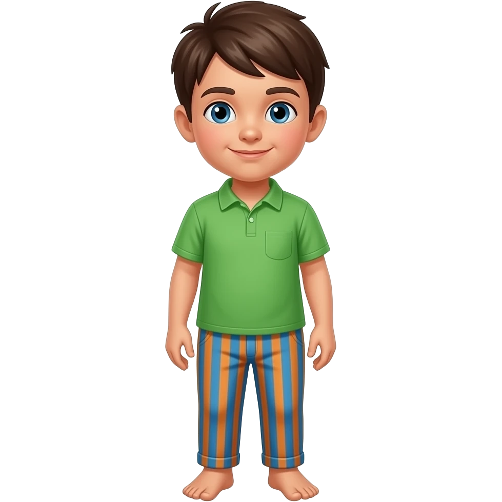 Kid wearing a green shirt and blue and orange stripes pants no shoes emoji