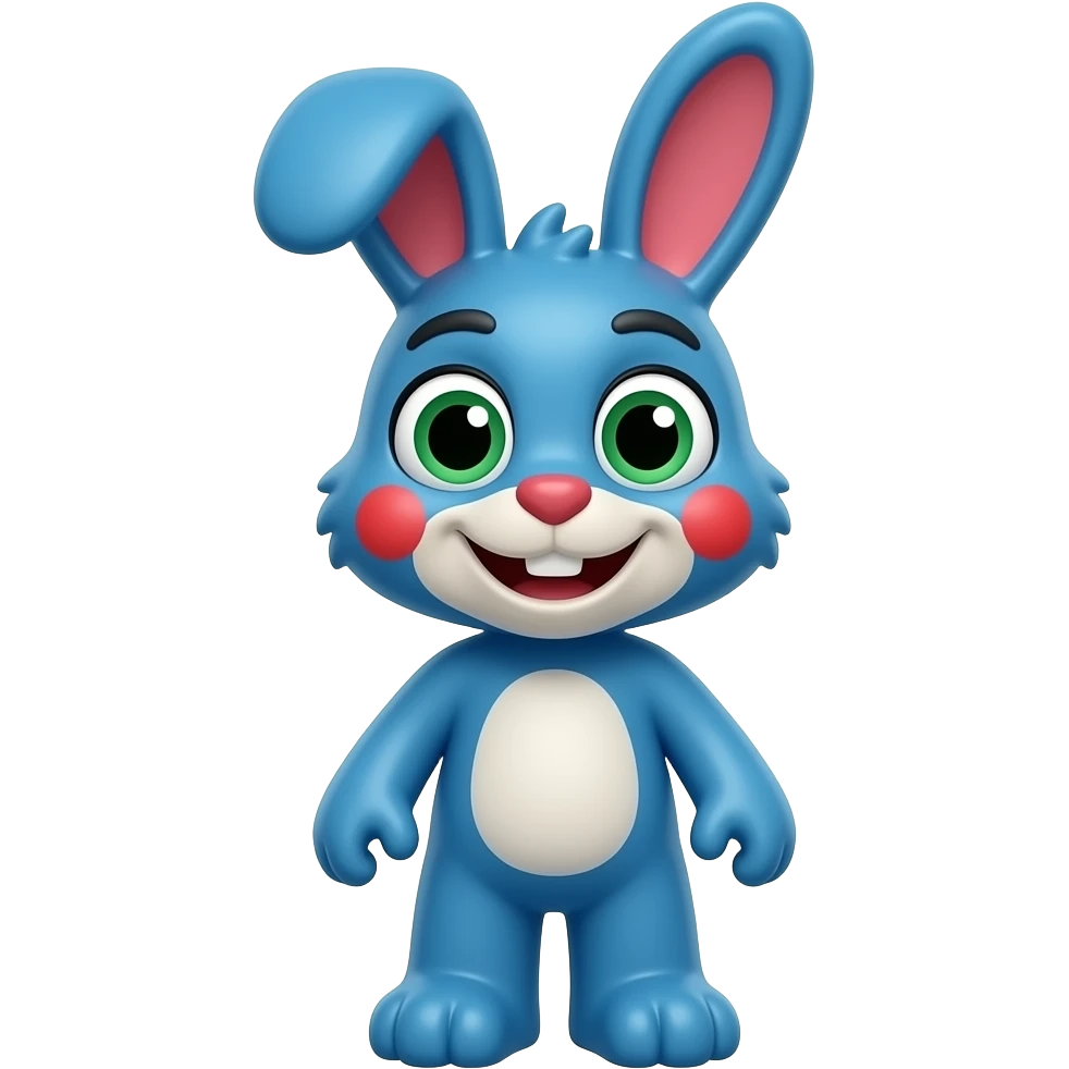 Toy Bonnie from Five Nights at Freddy’s, cute blue animatronic bunny, big green eyes, red cheeks, friendly smile, cartoon style, clean background, high detail emoji