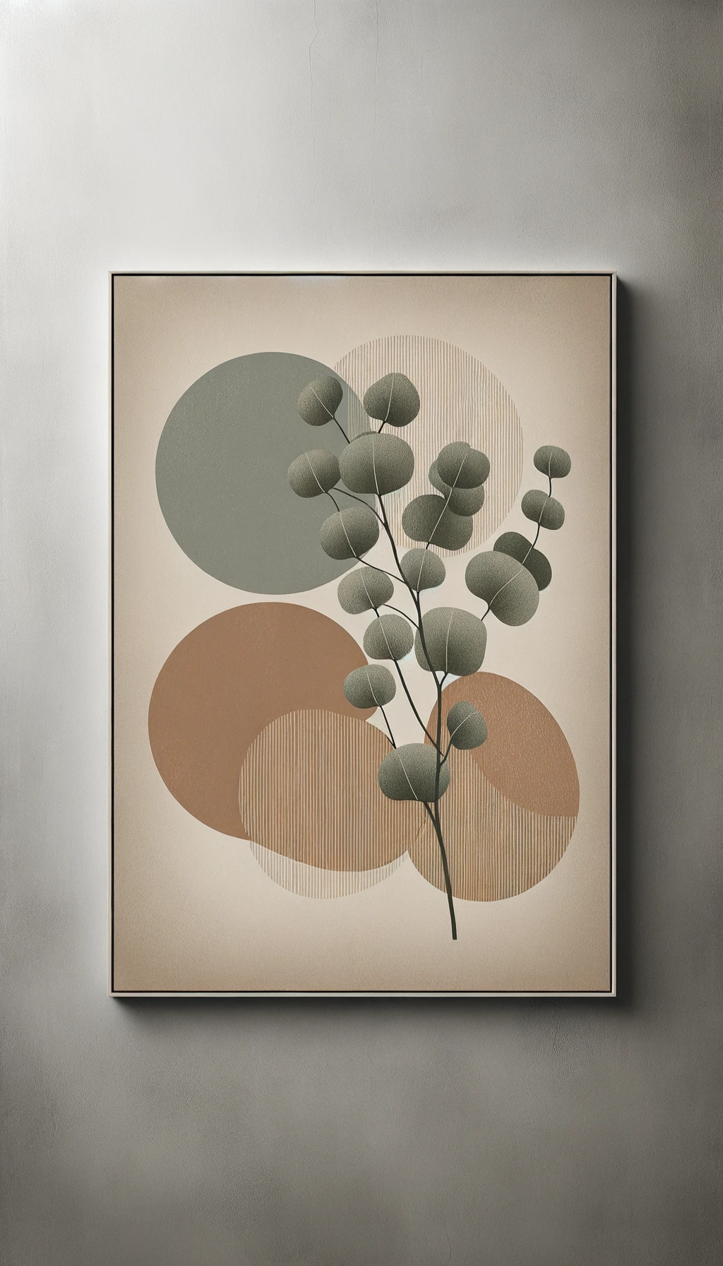 abstract botanical wall art, minimalist scandinavian style, large rounded organic shapes, eucalyptus branch silhouette, neutral earth tones (beige, sage, terracotta), subtle paper texture, modern interior decor, full bleed composition --v 6 --ar 3:4 --q 2 --style 4a emoji