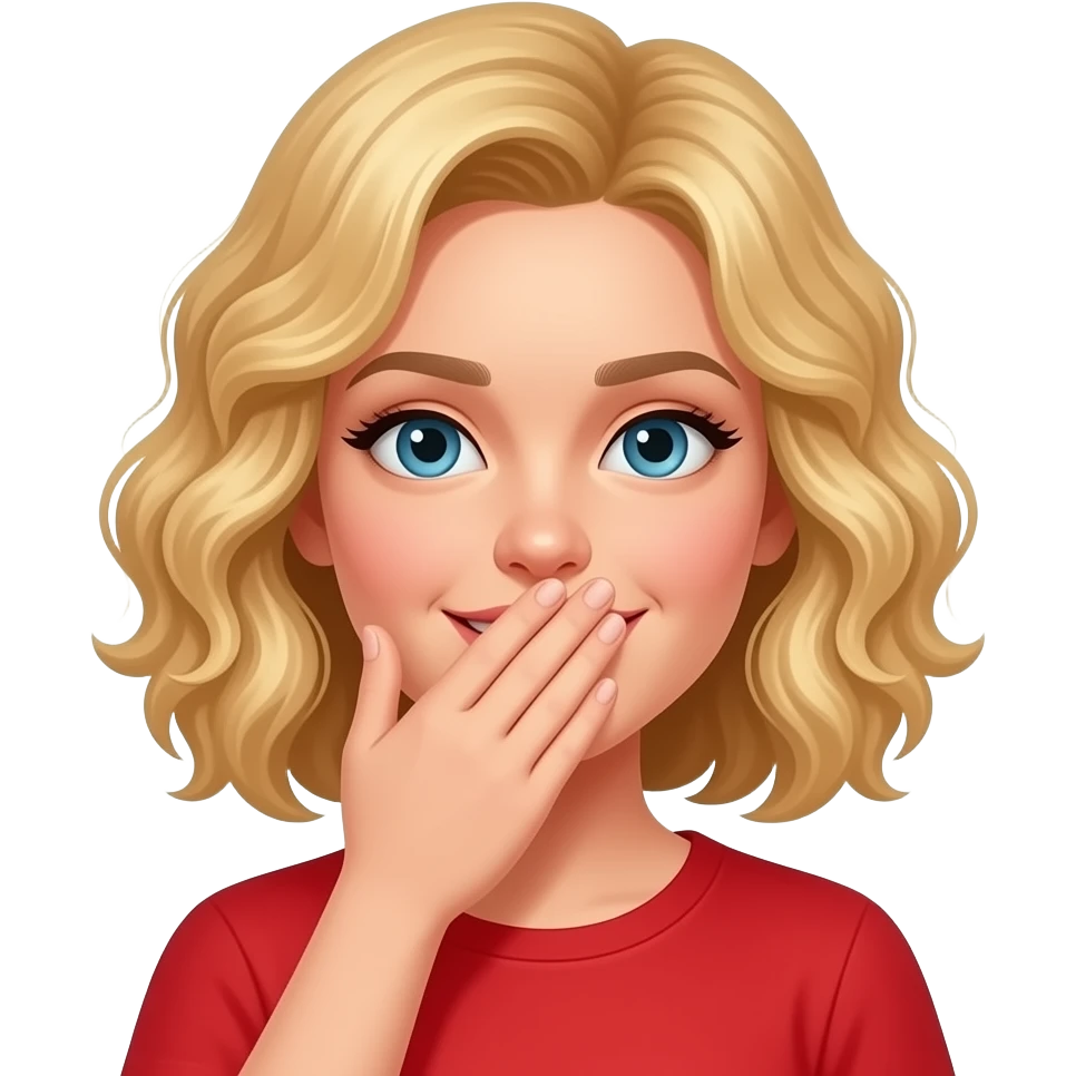 blonde curly bob covering mouth  in red shirt emoji