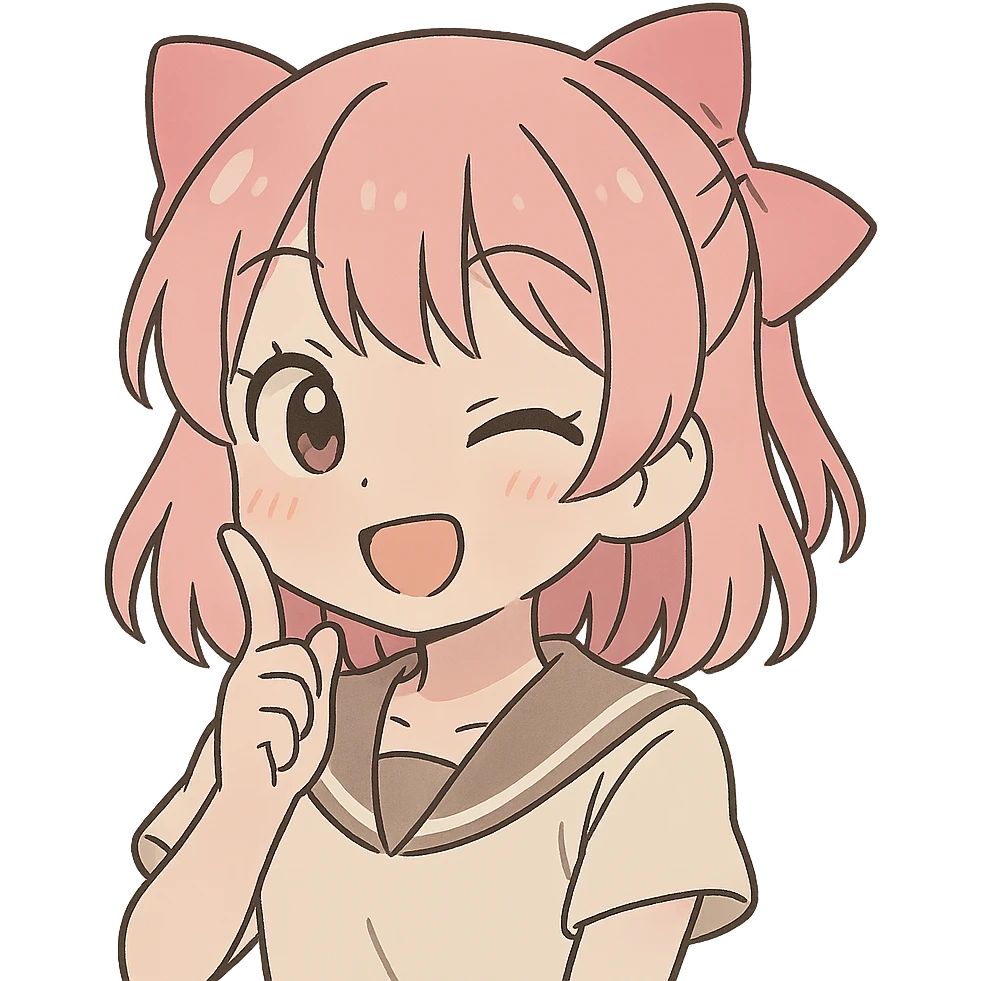 cute female character with pink hair ribbon, simplified anime style, playful expression emoji