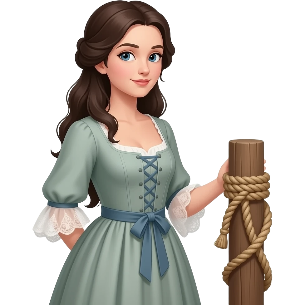 Brunette woman in 1770s gown with long flowing hair tied up with rope to a post like illustration from The Highwayman poem by Alfred Noyes emoji