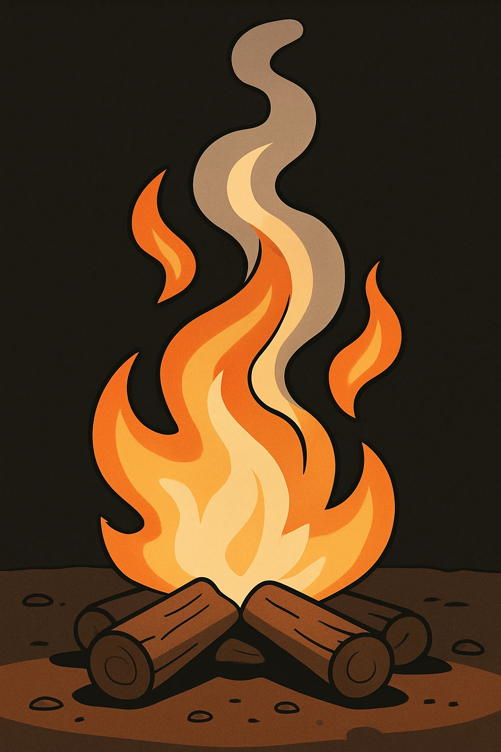 Add a dark background behind the campfire, keep the upward smoke and flames with a mesmerizing swirling effect, no people, uncluttered and easy to recognize. emoji
