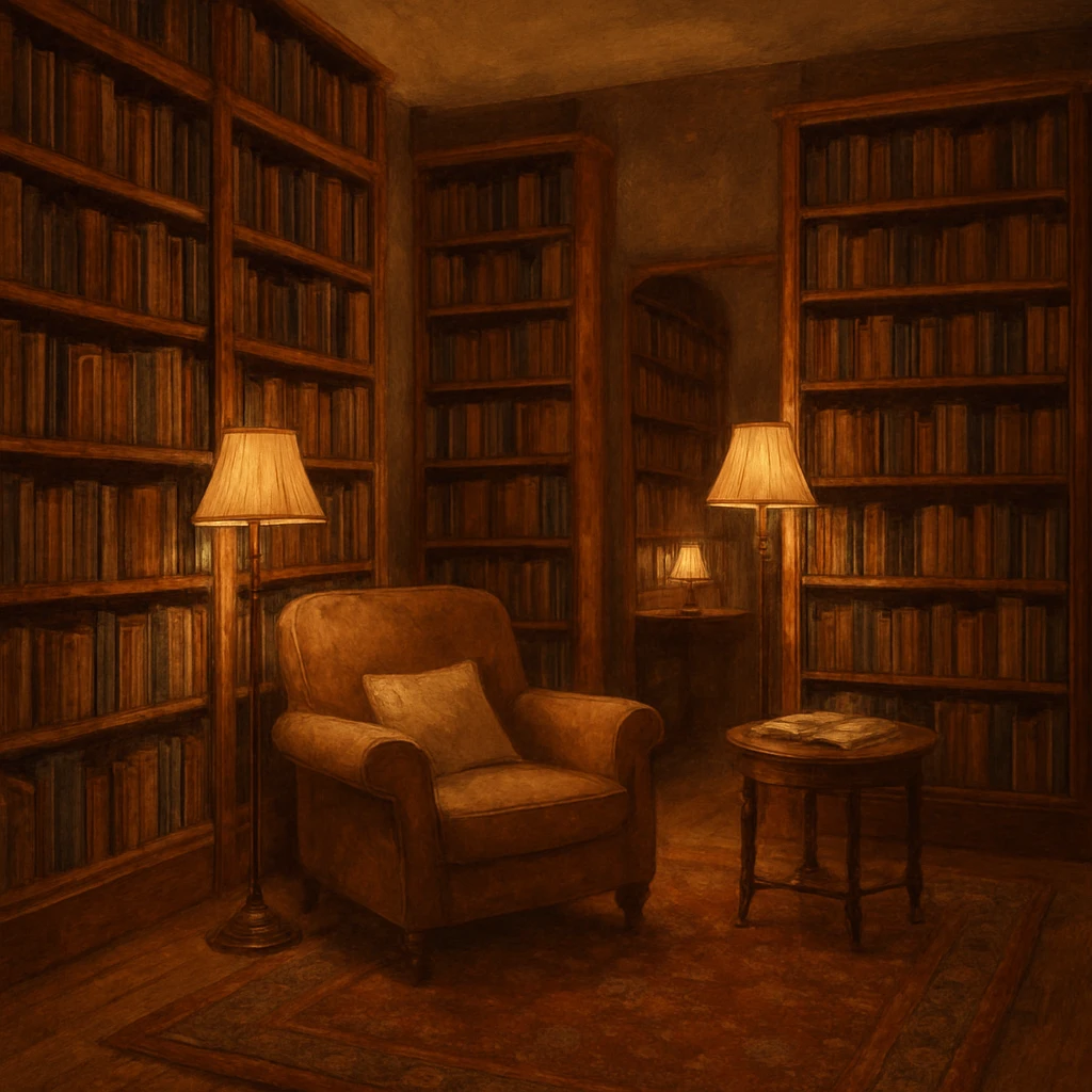 a cozy library interior, bookshelves, reading nook, warm lighting emoji