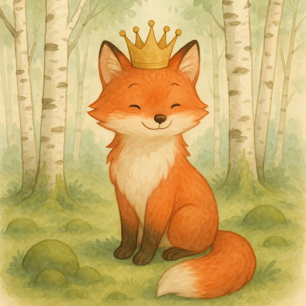 whimsical red fox wearing a crown, surrounded by birch trees and moss, Scandinavian forest, gentle colors, Ghibli-inspired emoji
