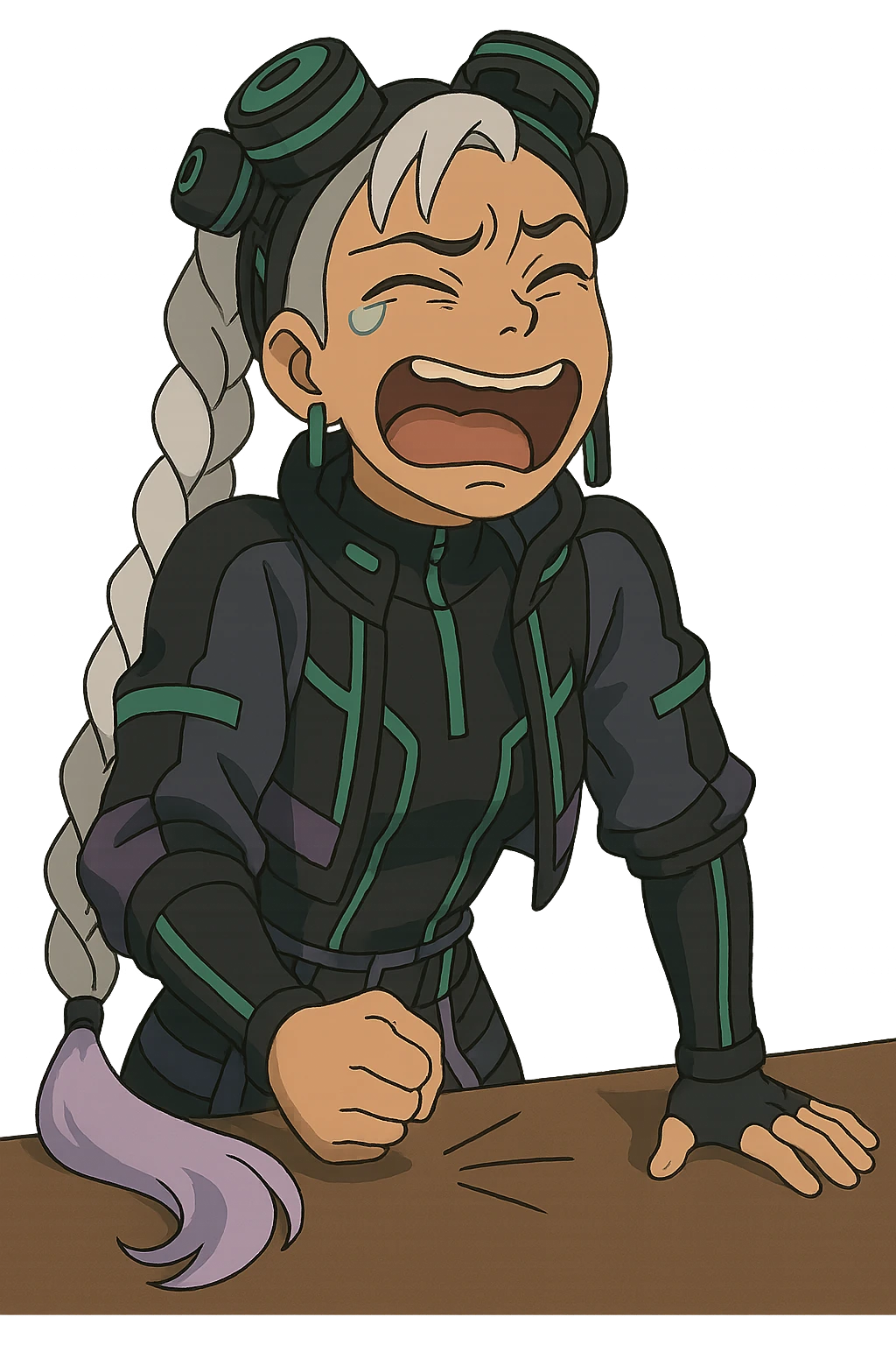 1 female, single long white braid with lavender tips. Cybergoth futurepunk, crying from laughter, pounding her fist on a table, “wheeze emoji” facial expression, hilarious  emoji