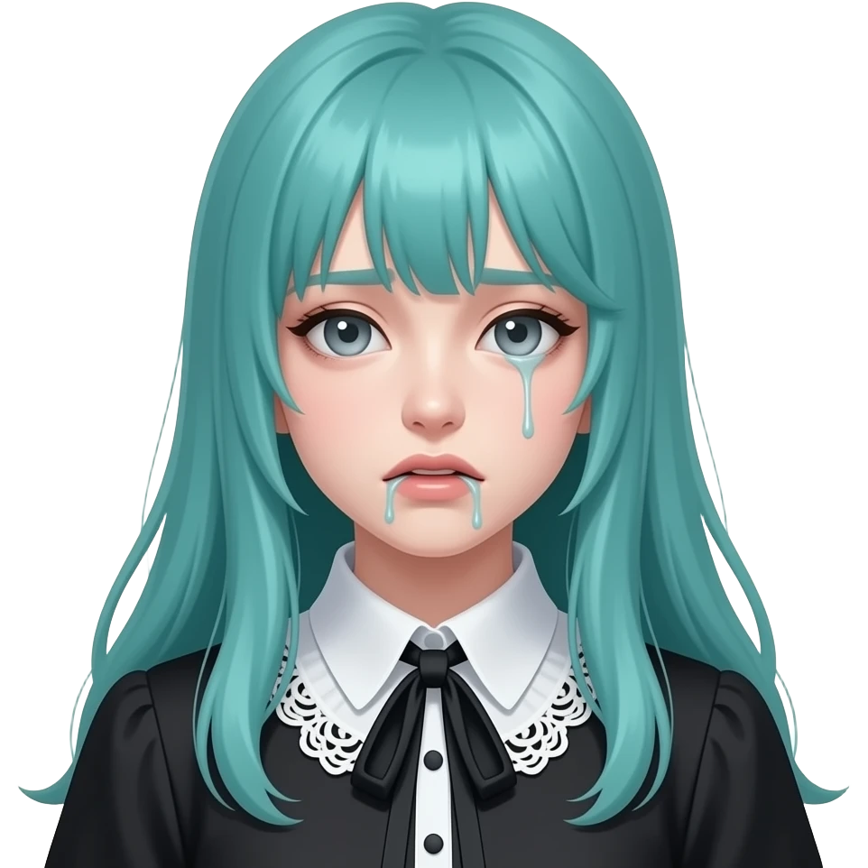 girl, sick, vomit, long flowing teal hair, grey eyes, black shoulder cyberpunk blouse with fancy white collar emoji