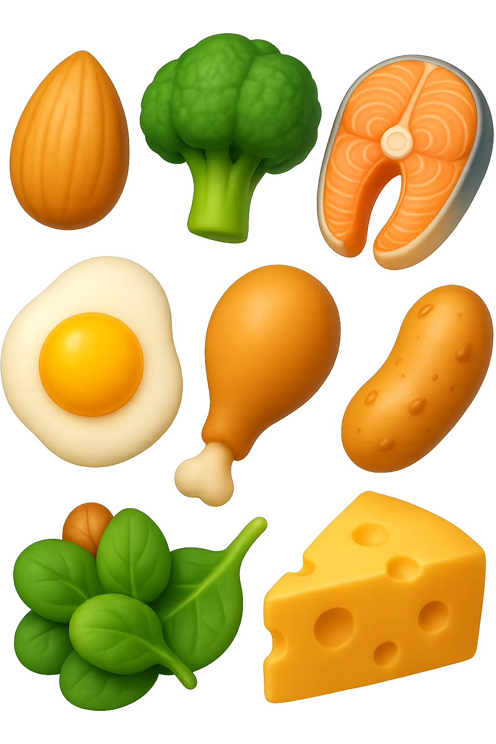 EMOJI STILE IPHONE 3D DI proteine, fibre, grassi sani che fluttuano in aria, iperrealistico 4k emoji