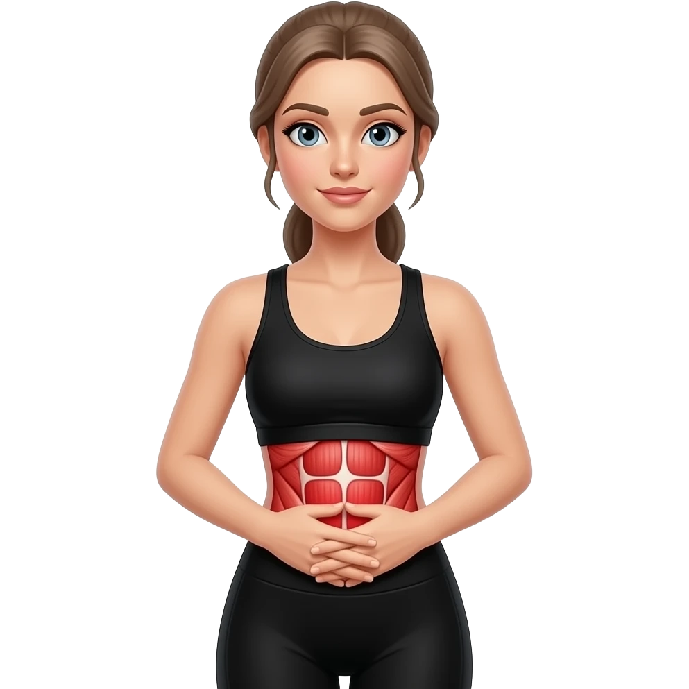 core pain, anatomical highlight of abdominal muscles and waist area, full red glow over the entire core, woman holding her abdomen, fair-skinned woman, gray-blue eyes, ash brown brows, ash light brown hair tied back, slim athletic body, black workout set emoji