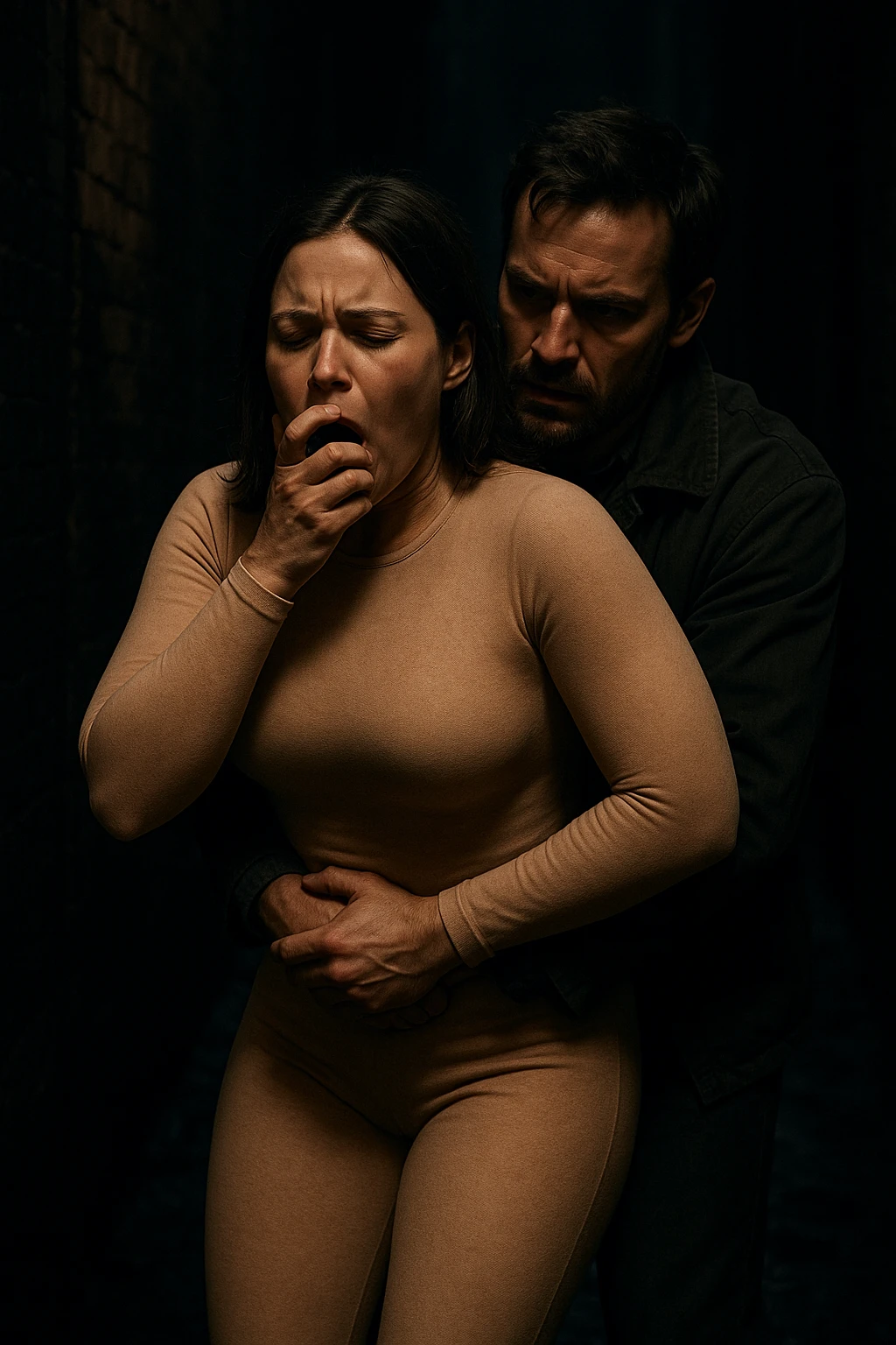 caught by a man performing a Heimlich maneuver on her in the dark alleyway, skintone thick skintight bodysuit, light skin emoji