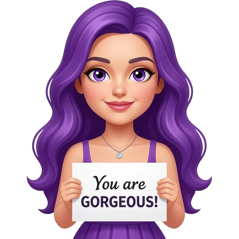 sexy girl with long purple hair and purple eyes wearing a dress holding a You are GORGEOUS! sign emoji