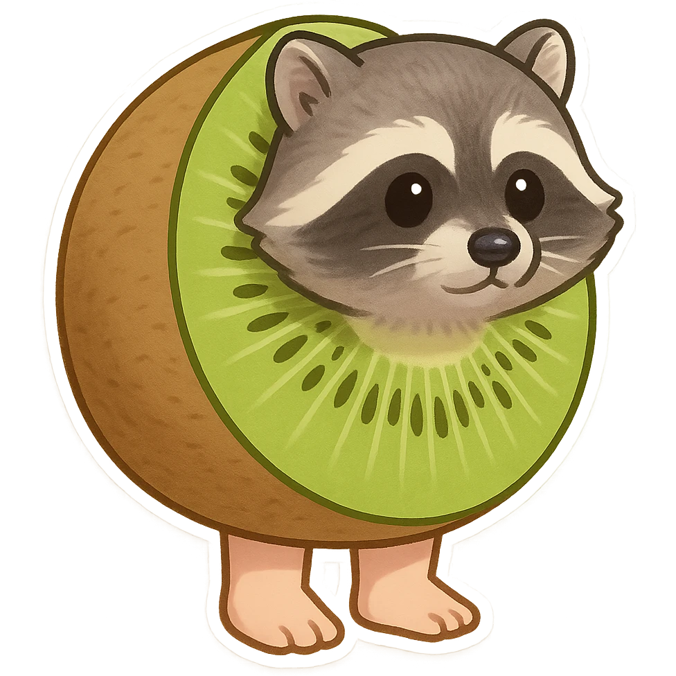 A kiwi with a raccoon's head and human feet emoji