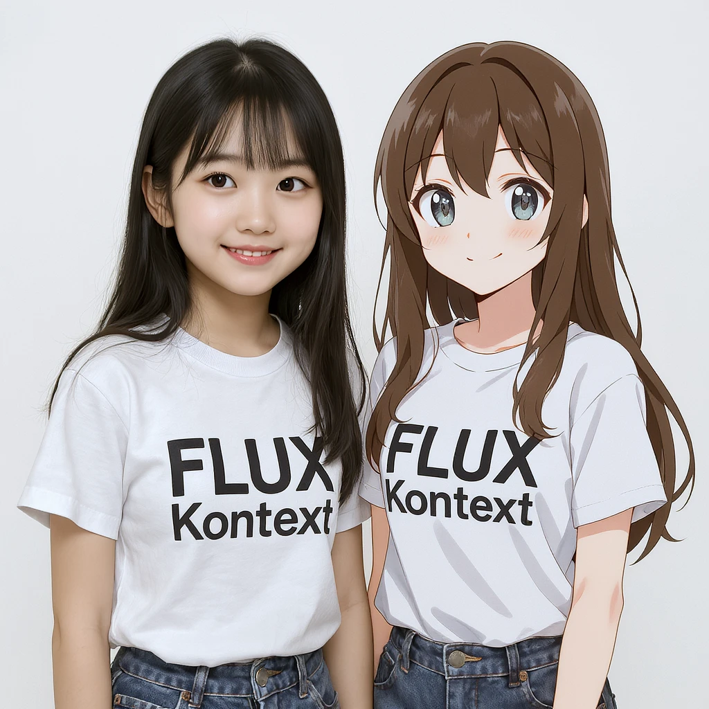 make a image of a girl with a anime version of that girl beside her wearing tshirt with text of FLUX Kontext emoji