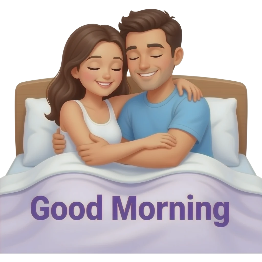 a naked woman and a man sitting up in bed hugging tightly and smiling with eyes closed waking up in bed with the words "Good Morning" in purple printed across emoji