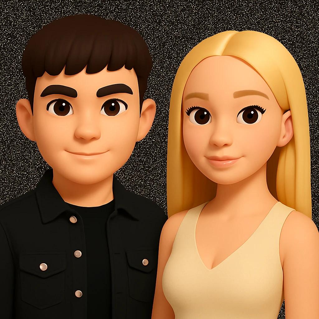 Slightly increase the volume of the upper body of the girl, significantly spread them apart from each other, make the skin color the same for both characters, keep the cartoon style as in the original image. emoji