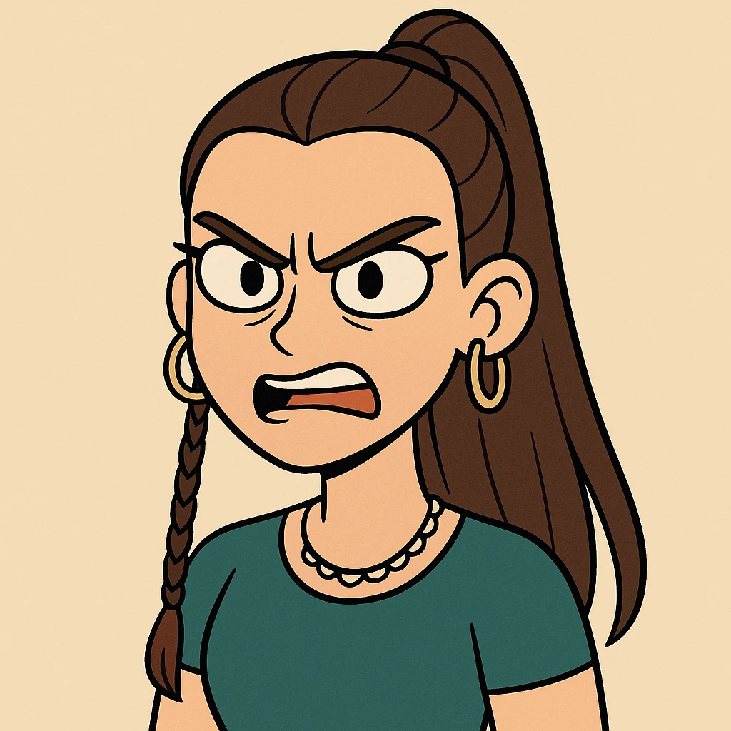 Create a cute and lively cartoon style face with an angry expression, keeping her unique features and hairstyle from the reference image. emoji