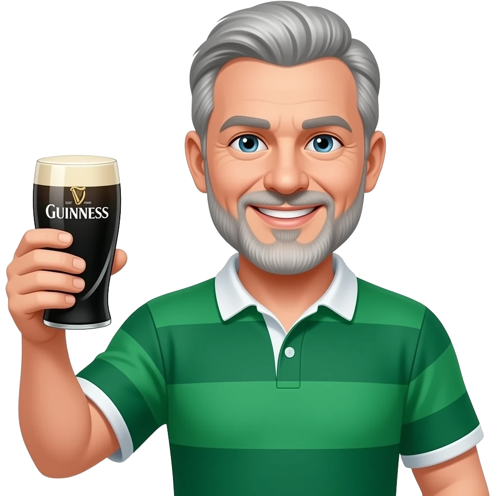 Smiling grey haired man with beard in a green rugby shirt raising a glass of Guinness emoji