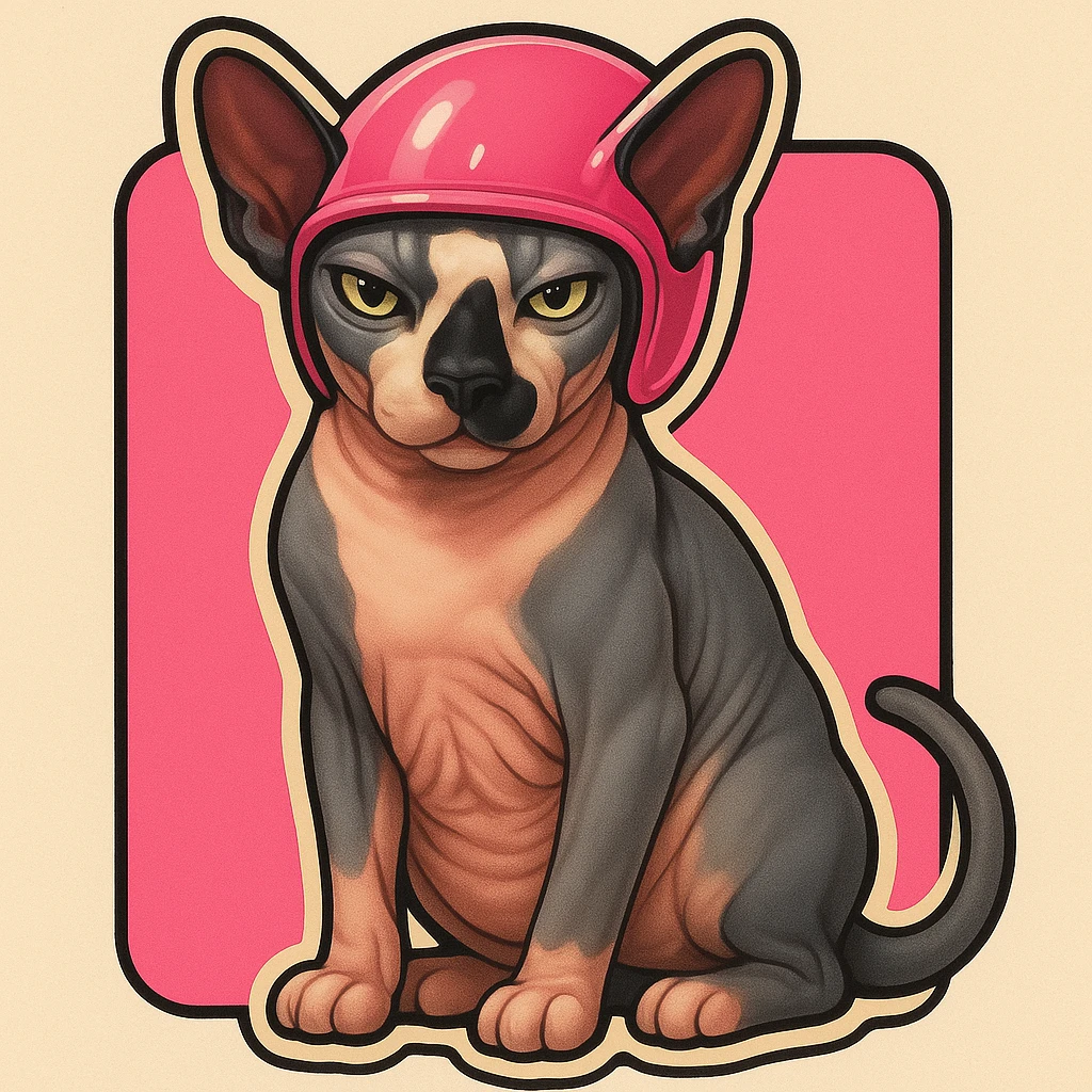 Canadian Sphynx cat with coloring as in the photo, sticker style, with a pink background, with a pink helmet emoji