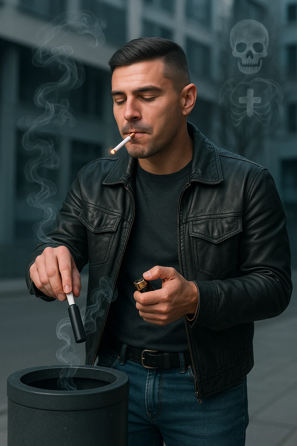 Adult man in casual clothes, inspired by the face in the reference photo, throwing an electronic cigarette into a trash bin while lighting a traditional cigarette with the other hand. Satisfied but unaware expression. In the background, light symbols of smoke and health damage manifesting from both cigarettes. Urban atmosphere, cold light, critical or reflective tone. Realistic style with symbolic accents. emoji